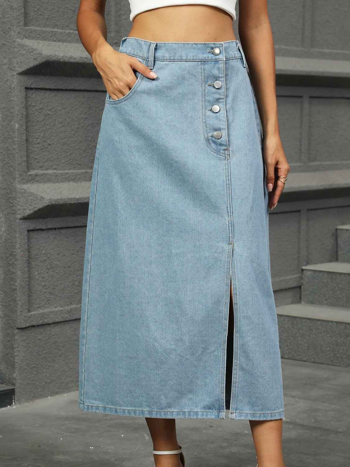 Slit Button Detail Denim Skirt - Stylish Midi Length Fashion Piece