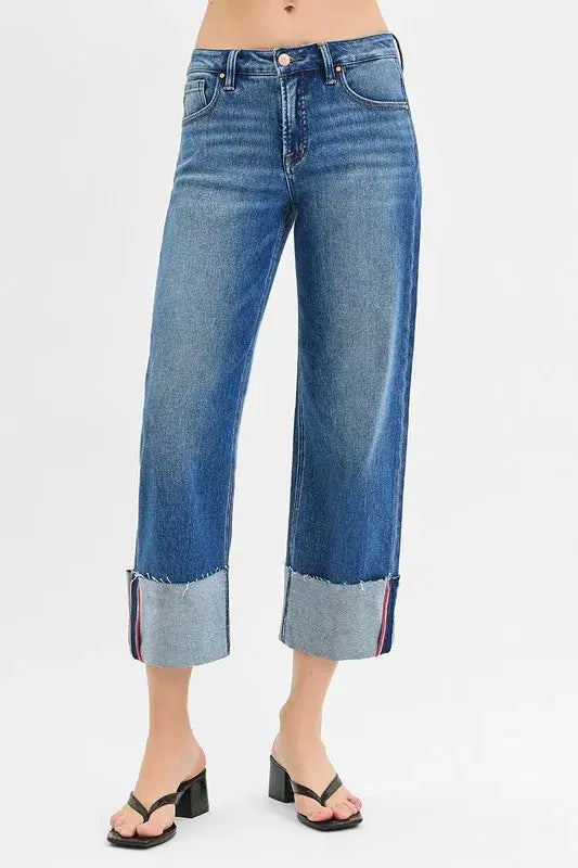 Full Size/Plus Size Tummy Control Mid Rise Crop Wide Cuffed RISEN Jeans