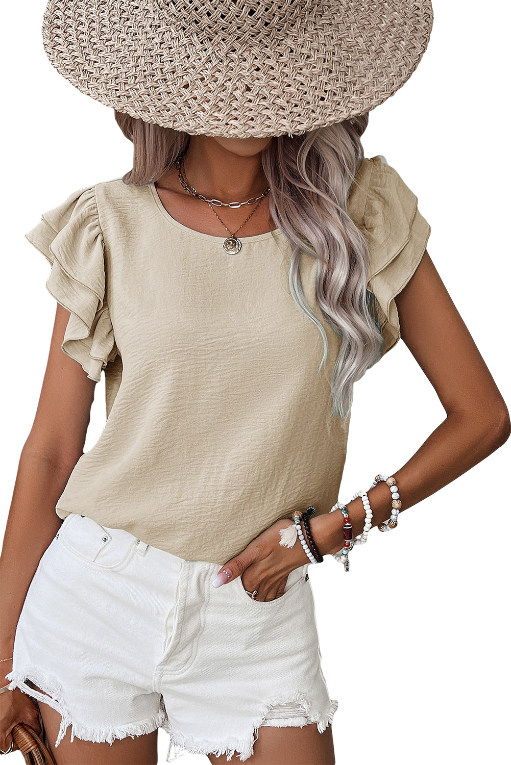 Aqua Ruffle Sleeve Blouse - Clearly Aqua Solid Color Crinkled Top