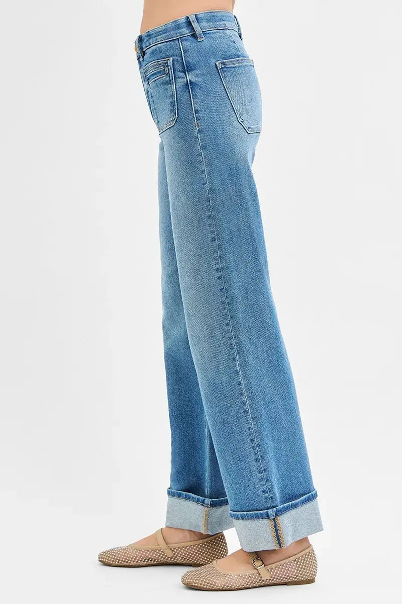 Full Size Elastic Band Mid Rise Wide Front Patch Pocket Cuff RISEN Jeans