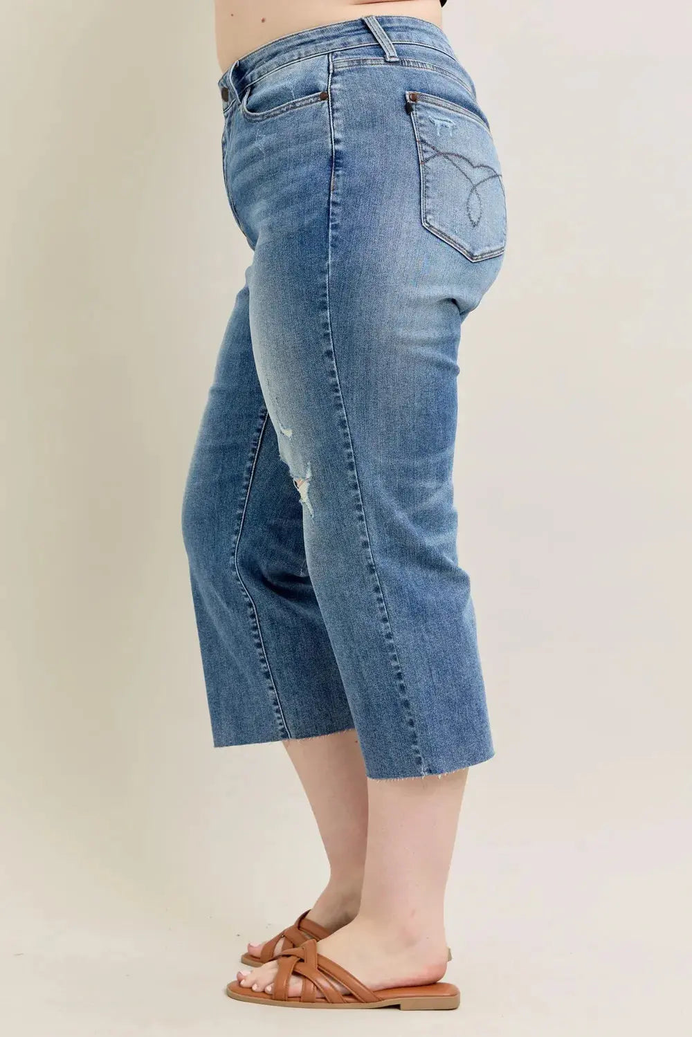 Plus Size High Waist Back Destroy & Raw Cut Hem Crop Wide Leg Judy Blue Jeans