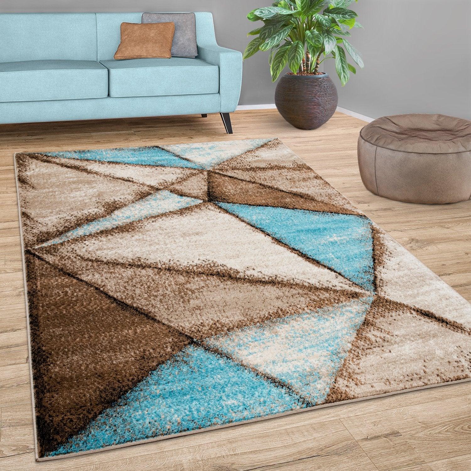 Beige Blue Area Rug Modern Geometric Pattern Low-Pile
