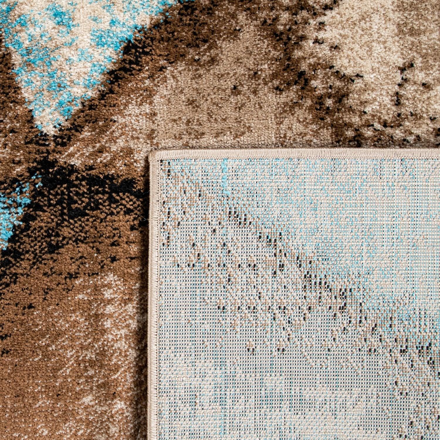 Beige Blue Area Rug Modern Geometric Pattern Low-Pile