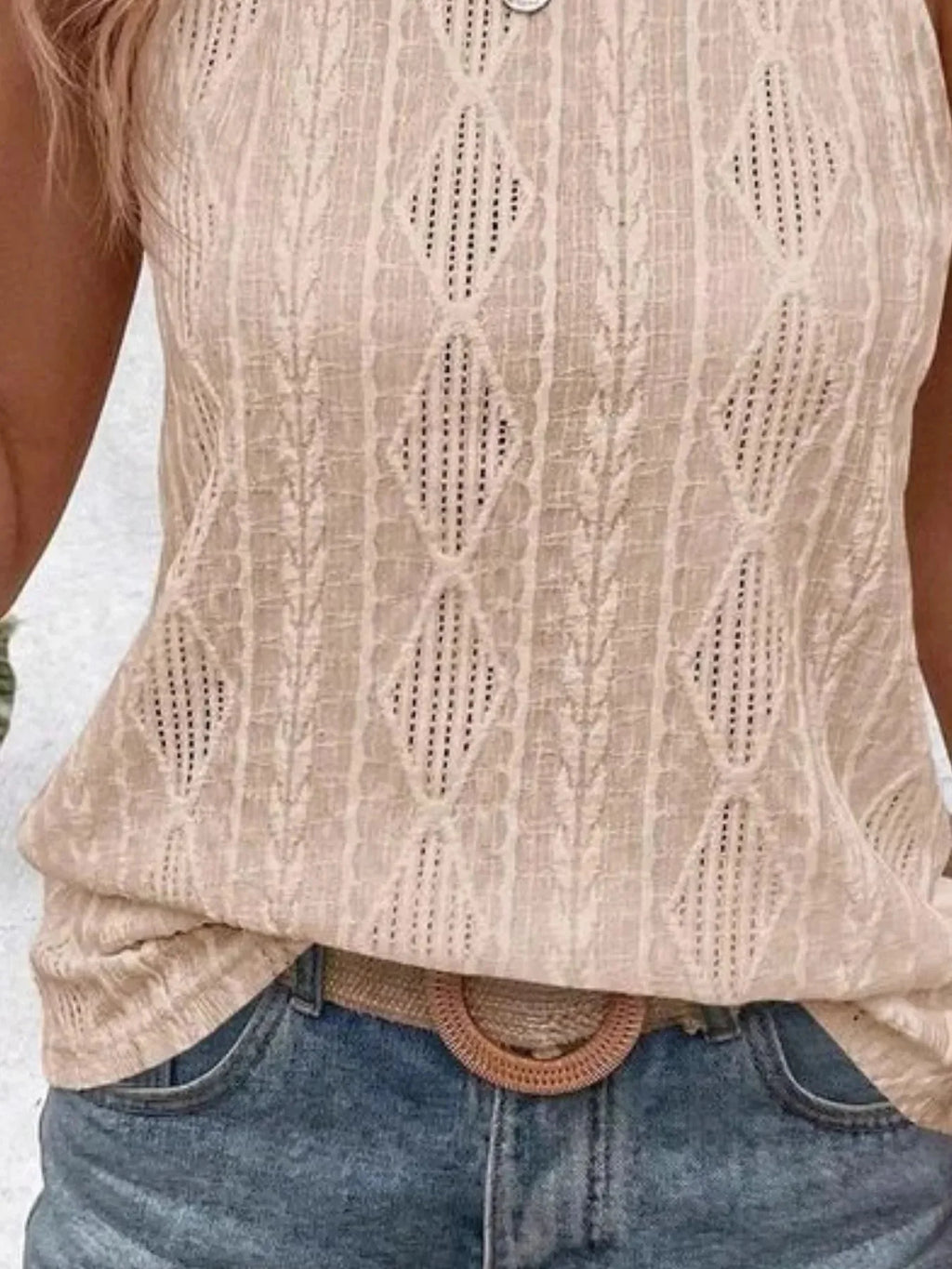 Round Neck Eyelet Textured Tank Top