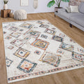 Boho Rug Cream Colorful Ethnic Diamond Pattern Ripped Design