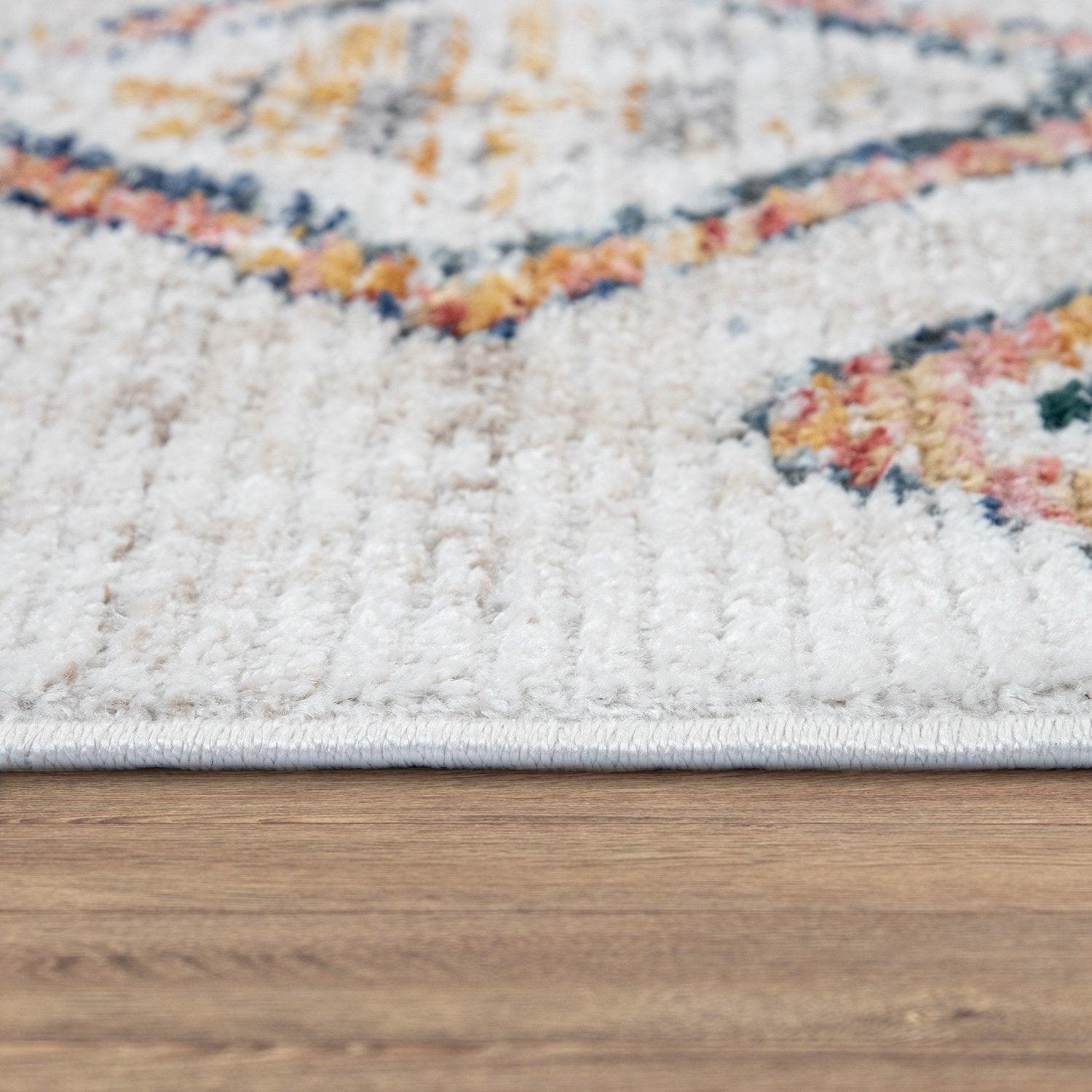 Boho Rug Cream Colorful Ethnic Diamond Pattern Ripped Design