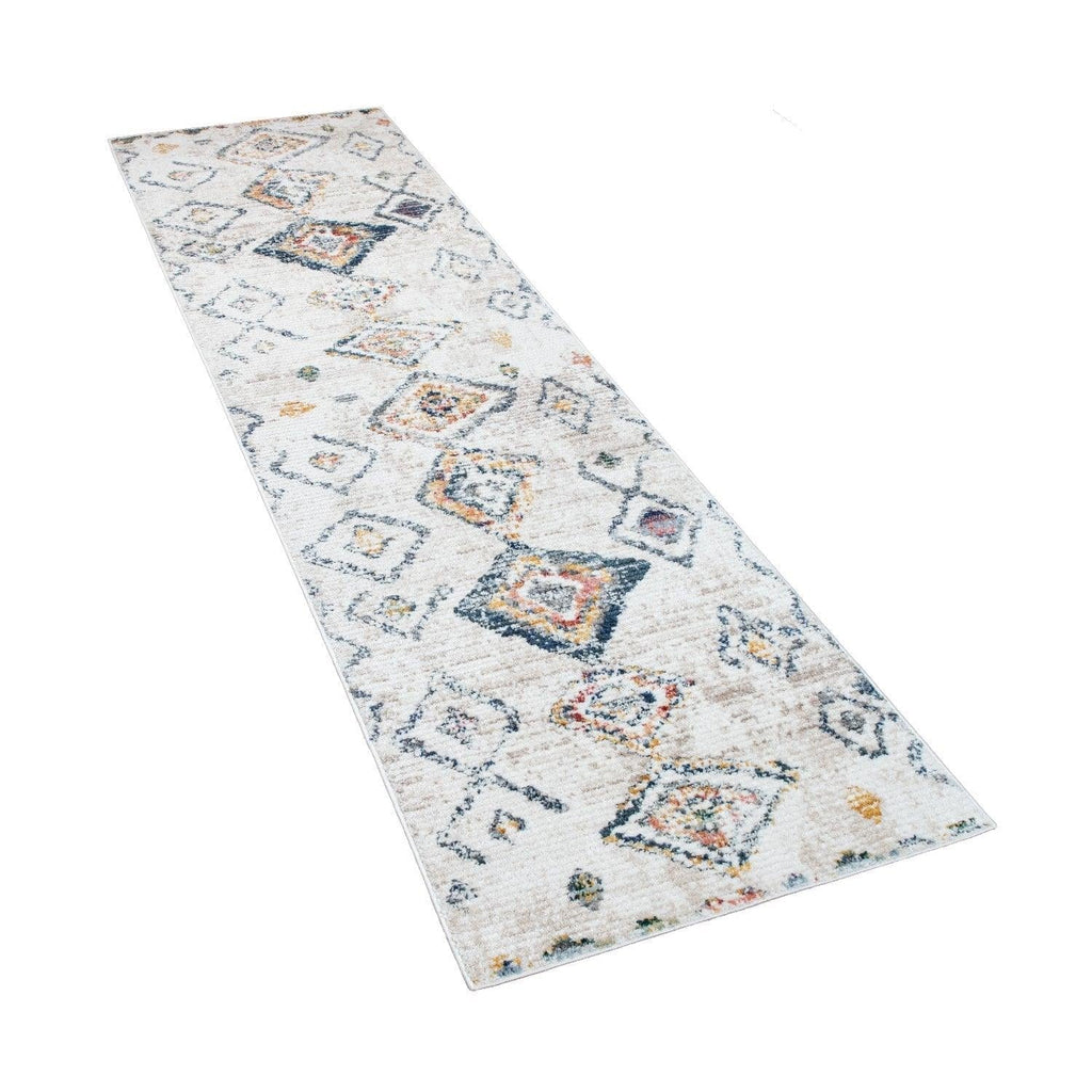 Boho Rug Cream Ethnic Diamond Pattern Unique Design Ripped