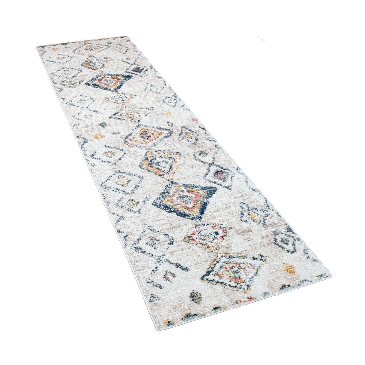 Boho Rug Cream Ethnic Diamond Pattern Unique Design Ripped