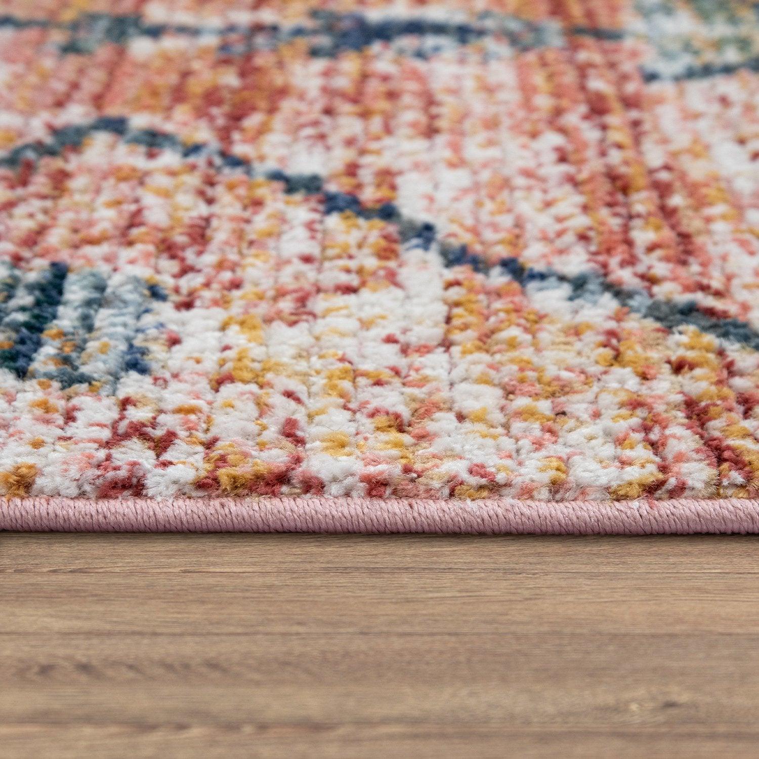 Boho Rug Red Ethnic Diamond Pattern Modern Ripped Design