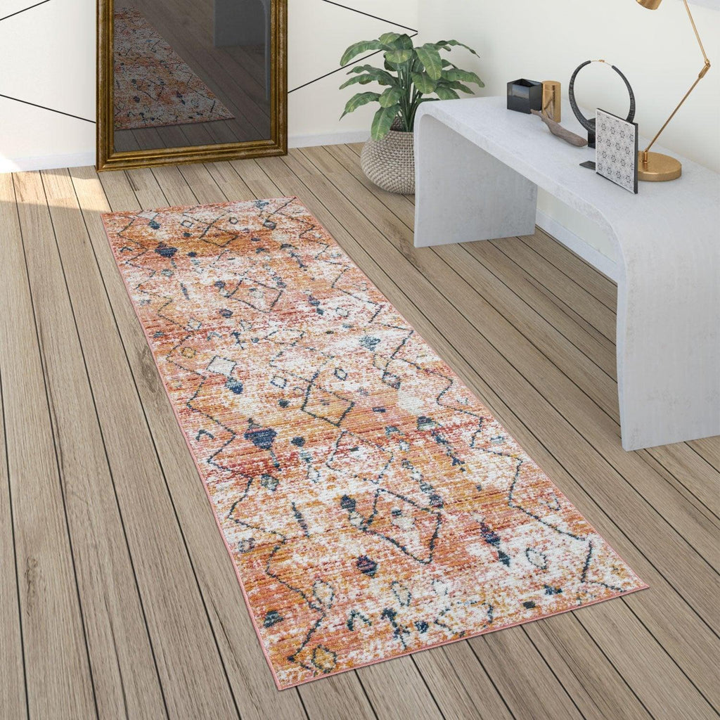 Boho Rug Red Ethnic Diamond Pattern Modern Ripped Design