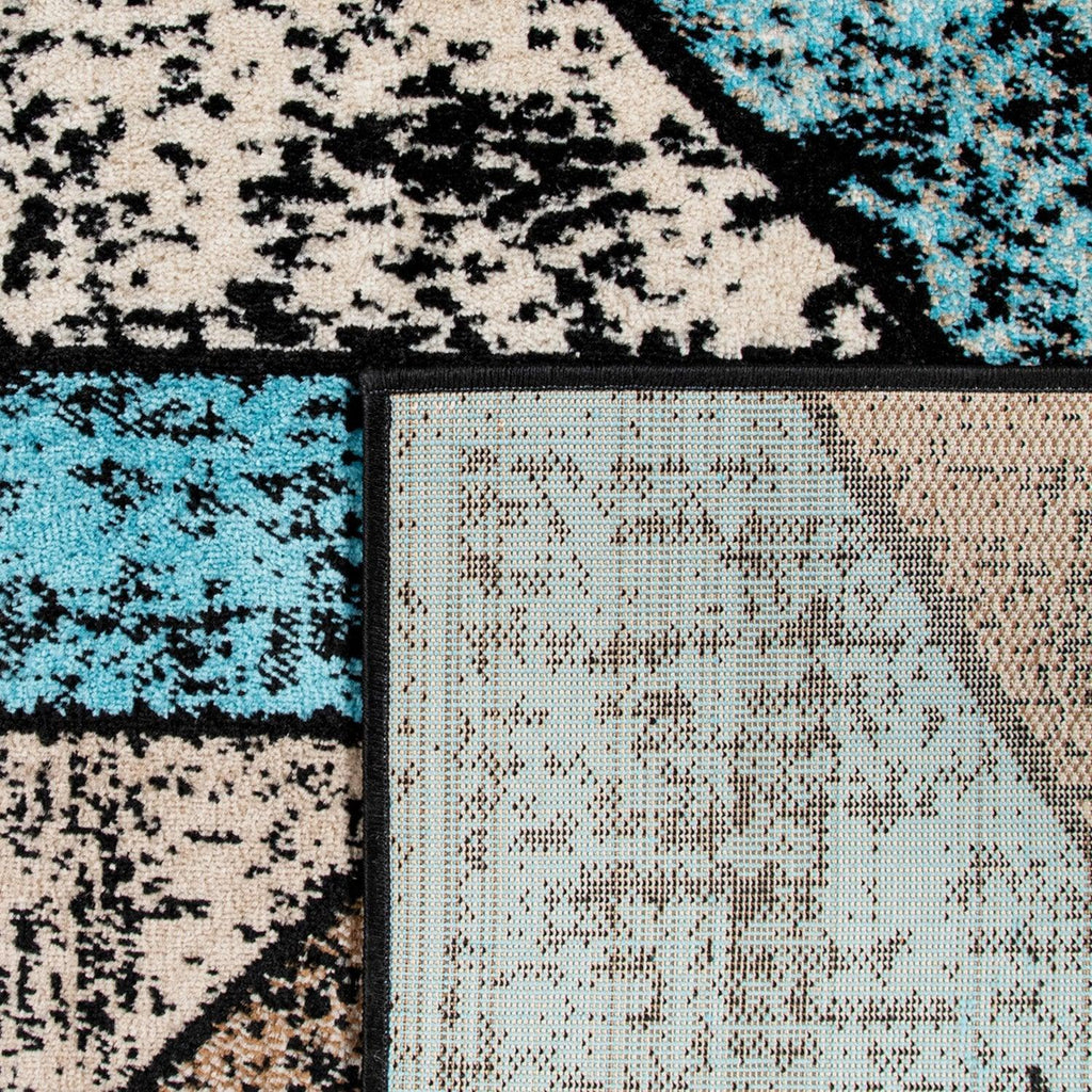 Brown Blue Area Rug Modern Geometric Pattern Low-Pile