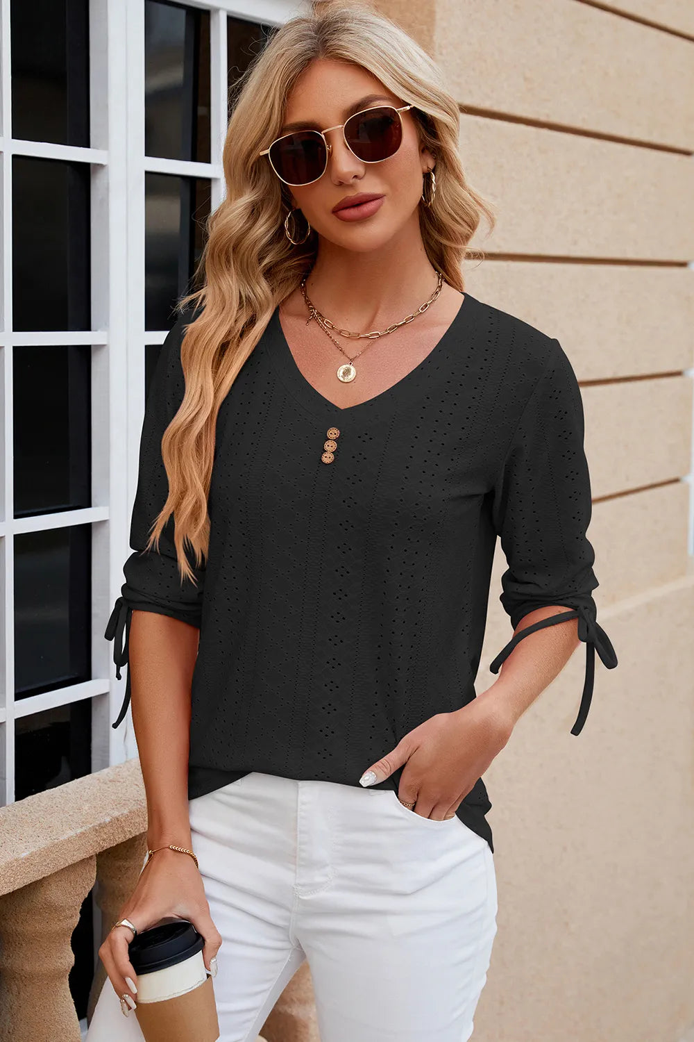 Button V-neck solid color mid sleeve loose T-shirt top for women's wear