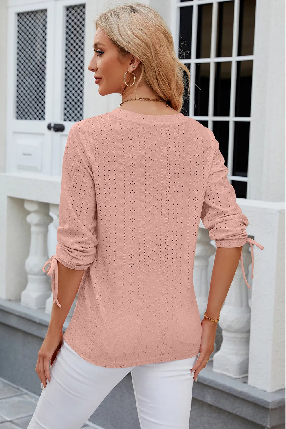 Button V-neck solid color mid sleeve loose T-shirt top for women's wear