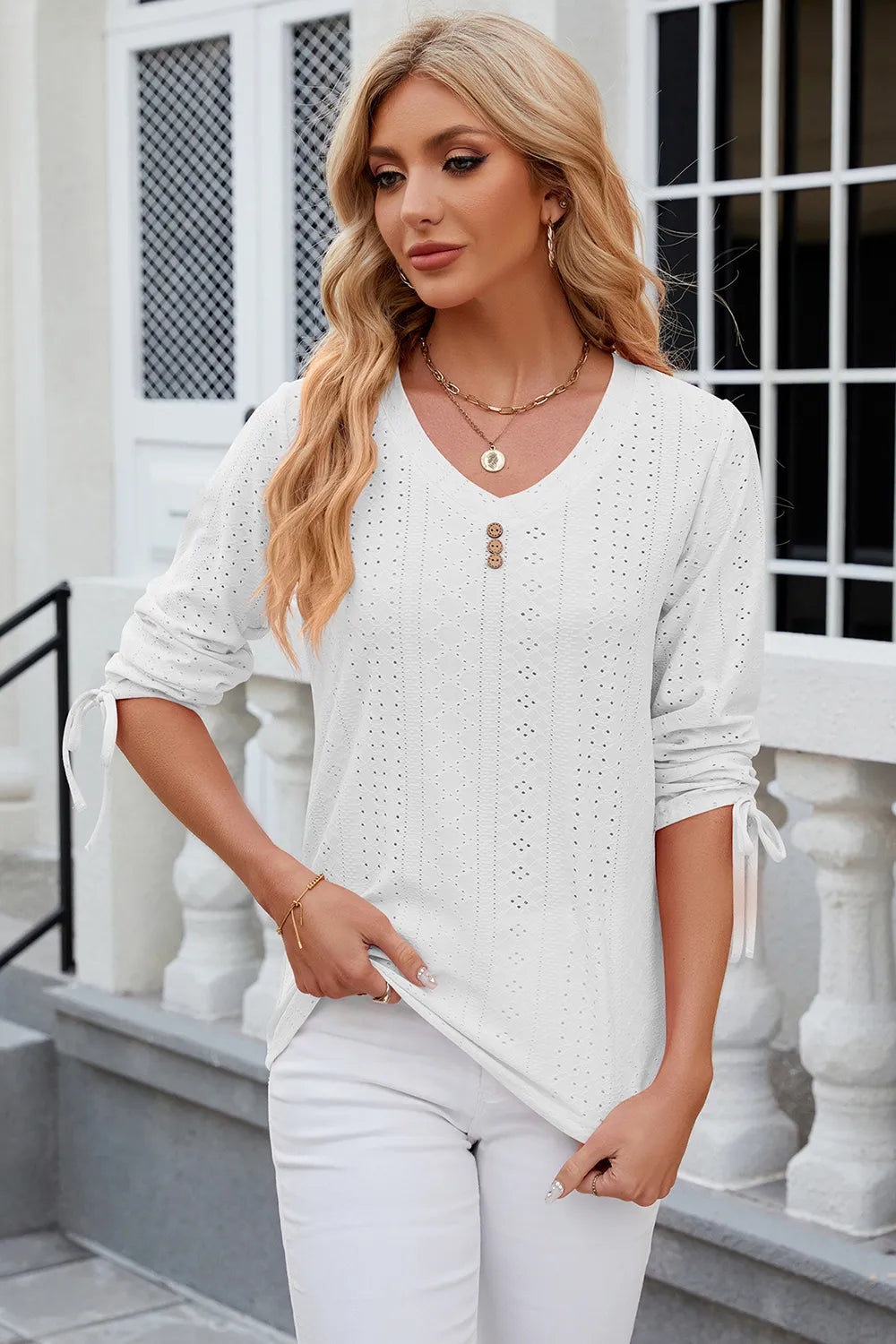 Button V-neck solid color mid sleeve loose T-shirt top for women's wear