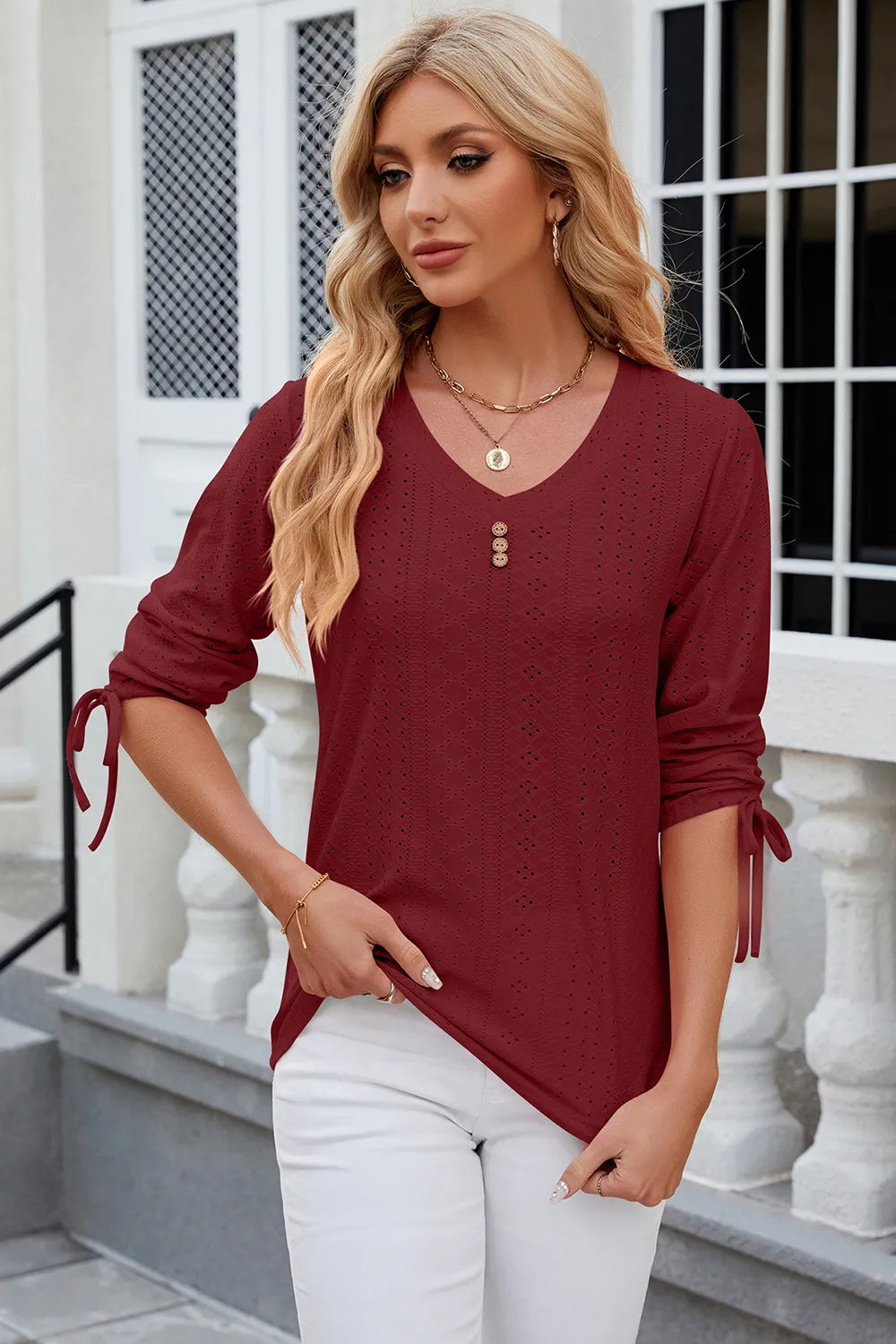 Button V-neck solid color mid sleeve loose T-shirt top for women's wear
