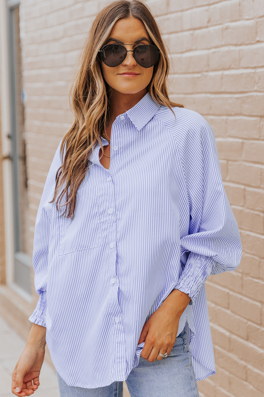 Stripe Smocked Long Sleeve Button-Up Shirt
