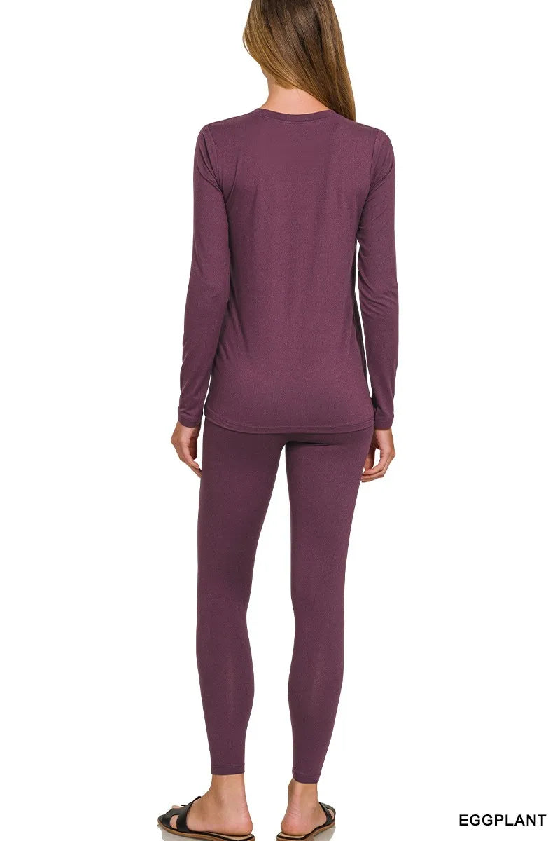 Zenana Microfiber Round Neck Top and Leggings Set in Eggplant