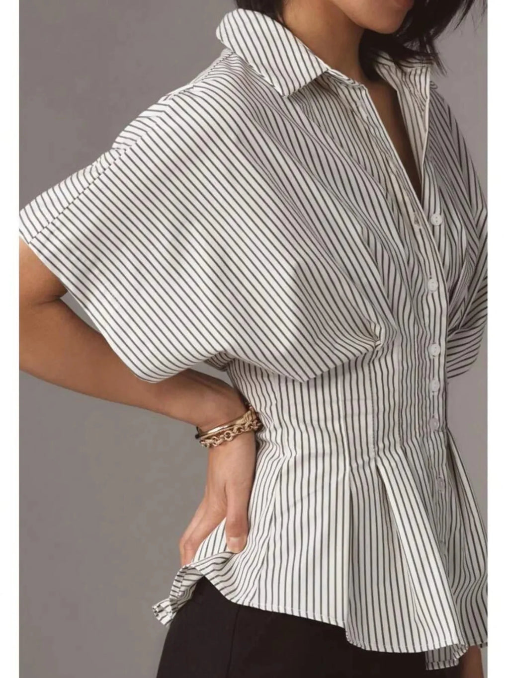 Pinstripe Puff Sleeve Cinched Waist Button Up Shirt