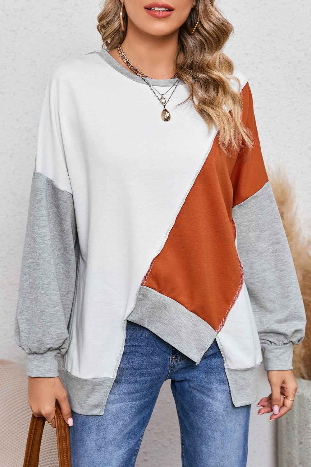 Khaki Colorblock Sweatshirt with Irregular Hem and Long Sleeves Women's Top