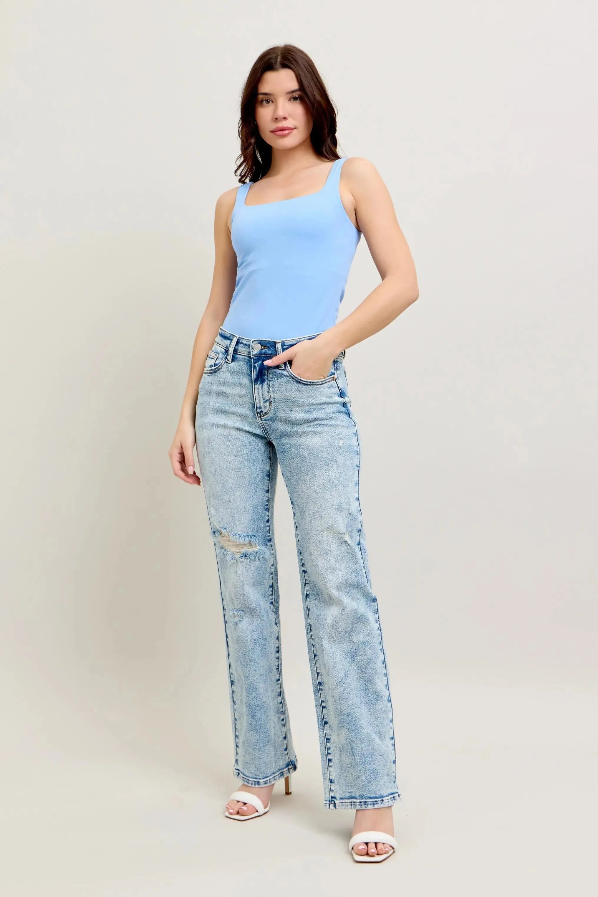 Full Size High Waist Mineral Wash Destroy 90's Straight Leg Judy Blue Jeans