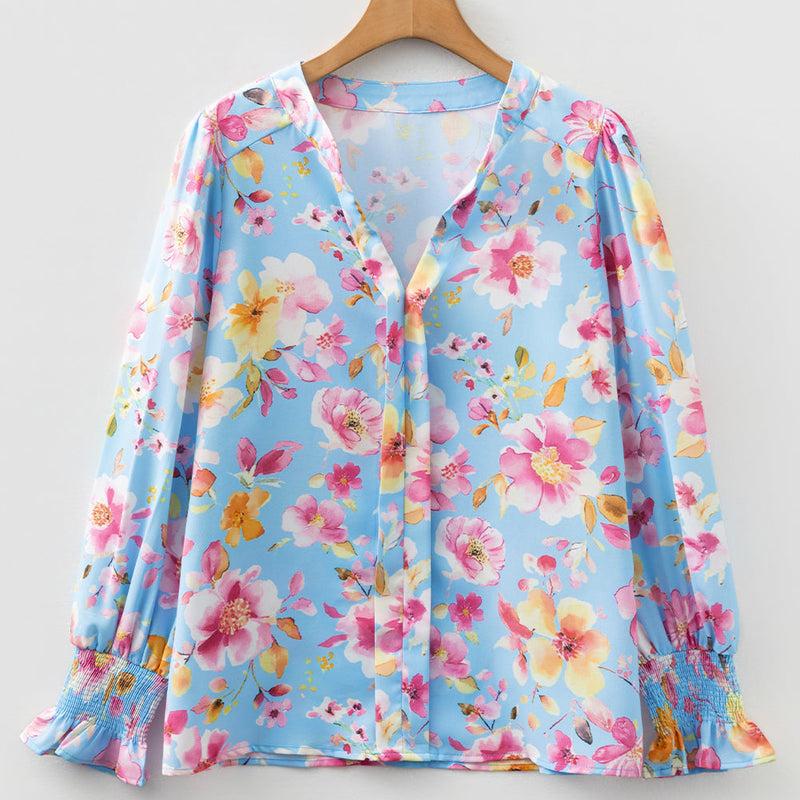 Floral Smocked Long Sleeve V-Neck Blouse