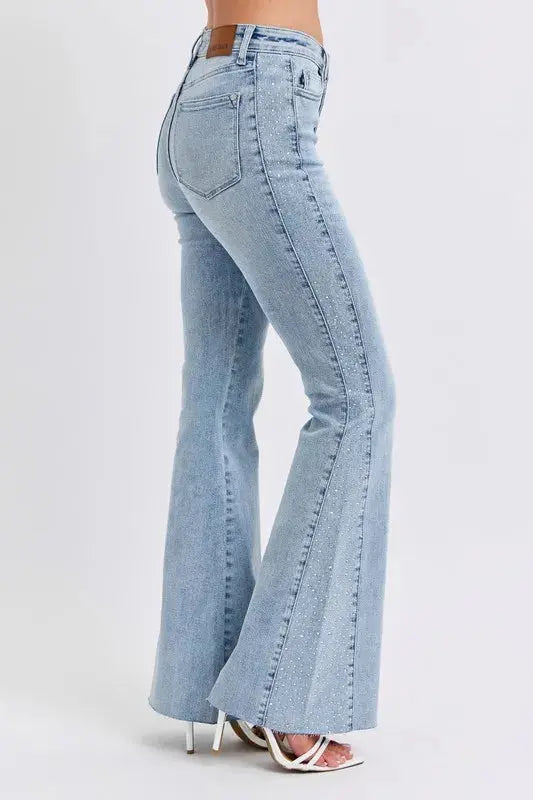 Mid Rise Rhinestone Side Panel Flare Judy Blue Jeans