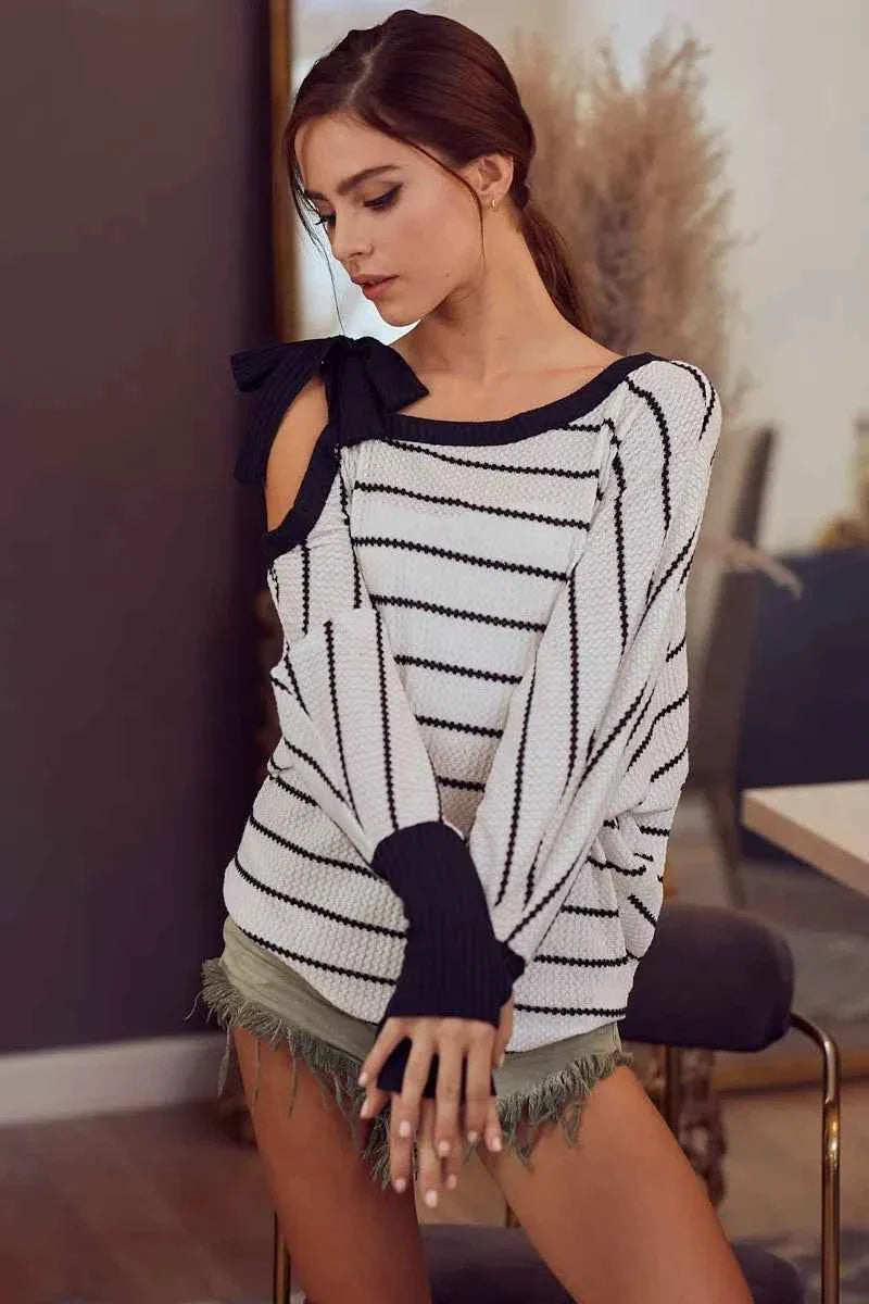 BiBi Stripe Yarn Dye Waffle One Shoulder Women's Top with Ribbon Detail