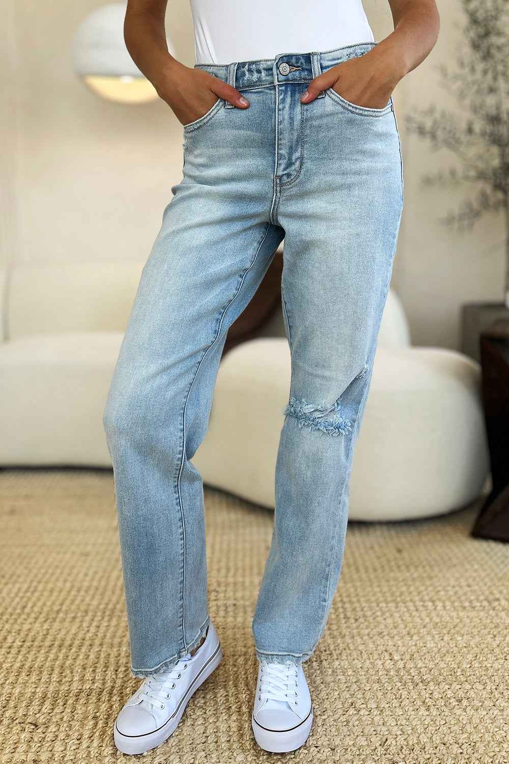 Judy Blue High Waist Distressed Jeans - Women's Jeans Full Size Straight Denim