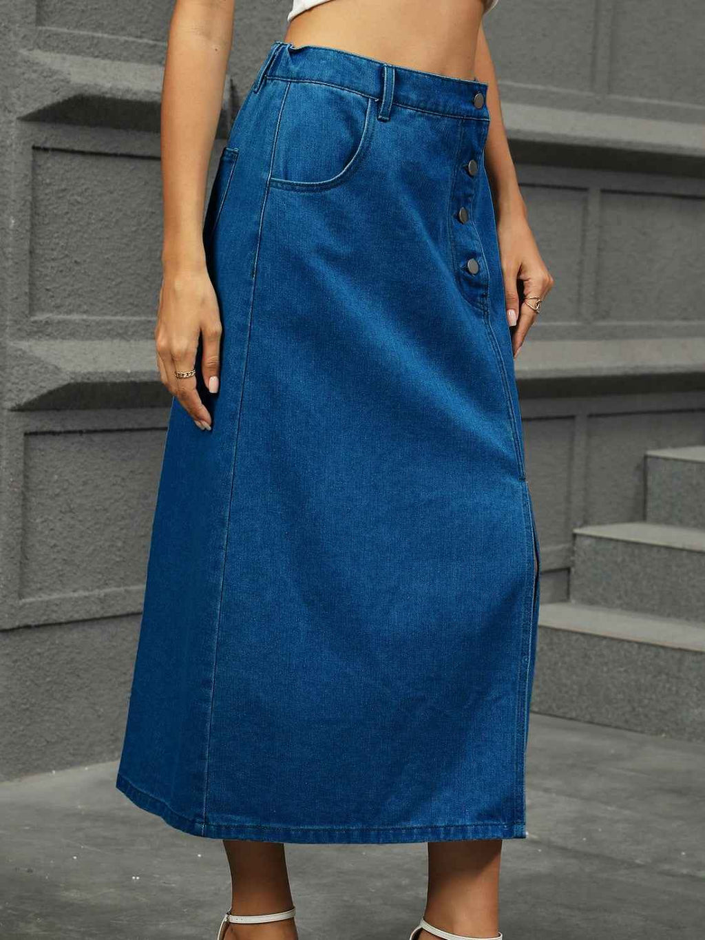 Slit Button Detail Denim Skirt - Stylish Midi Length Fashion Piece
