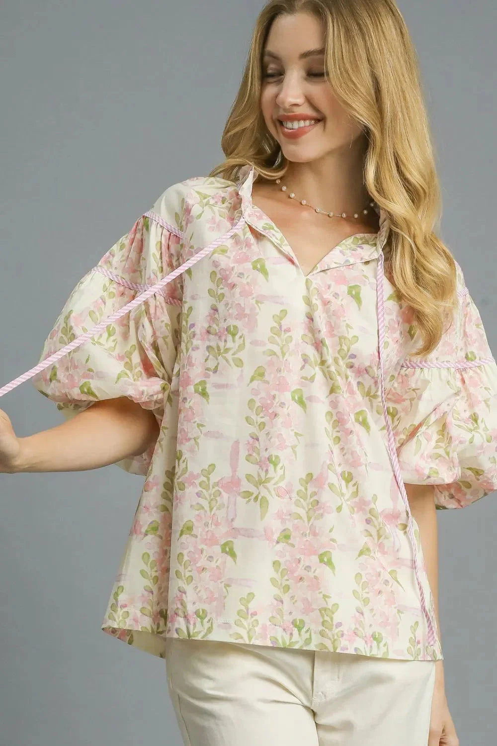 Umgee Floral Print Tie Neck Puff Sleeve Blouse