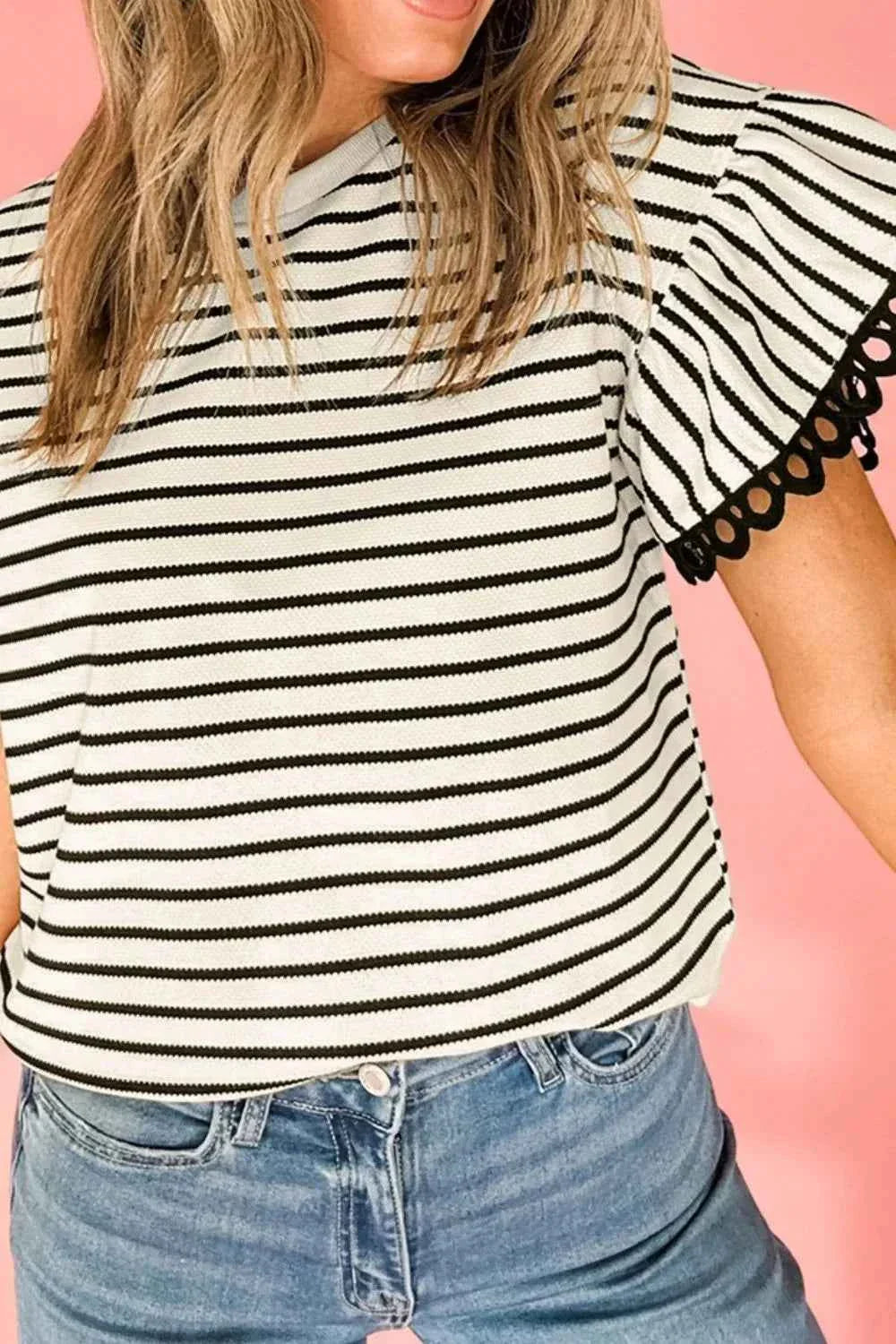 Striped Ruffle Sleeve Blouse with Round Neck
