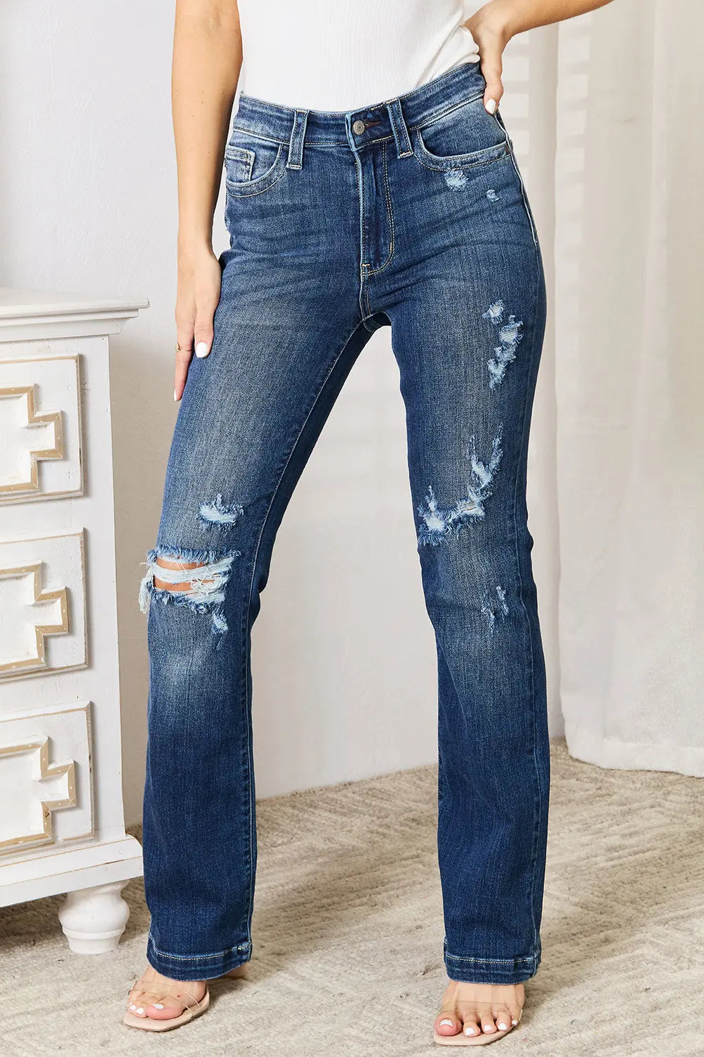 Full Size Mid Rise Hand Sand & Destroy Bootcut Judy Blue Jeans