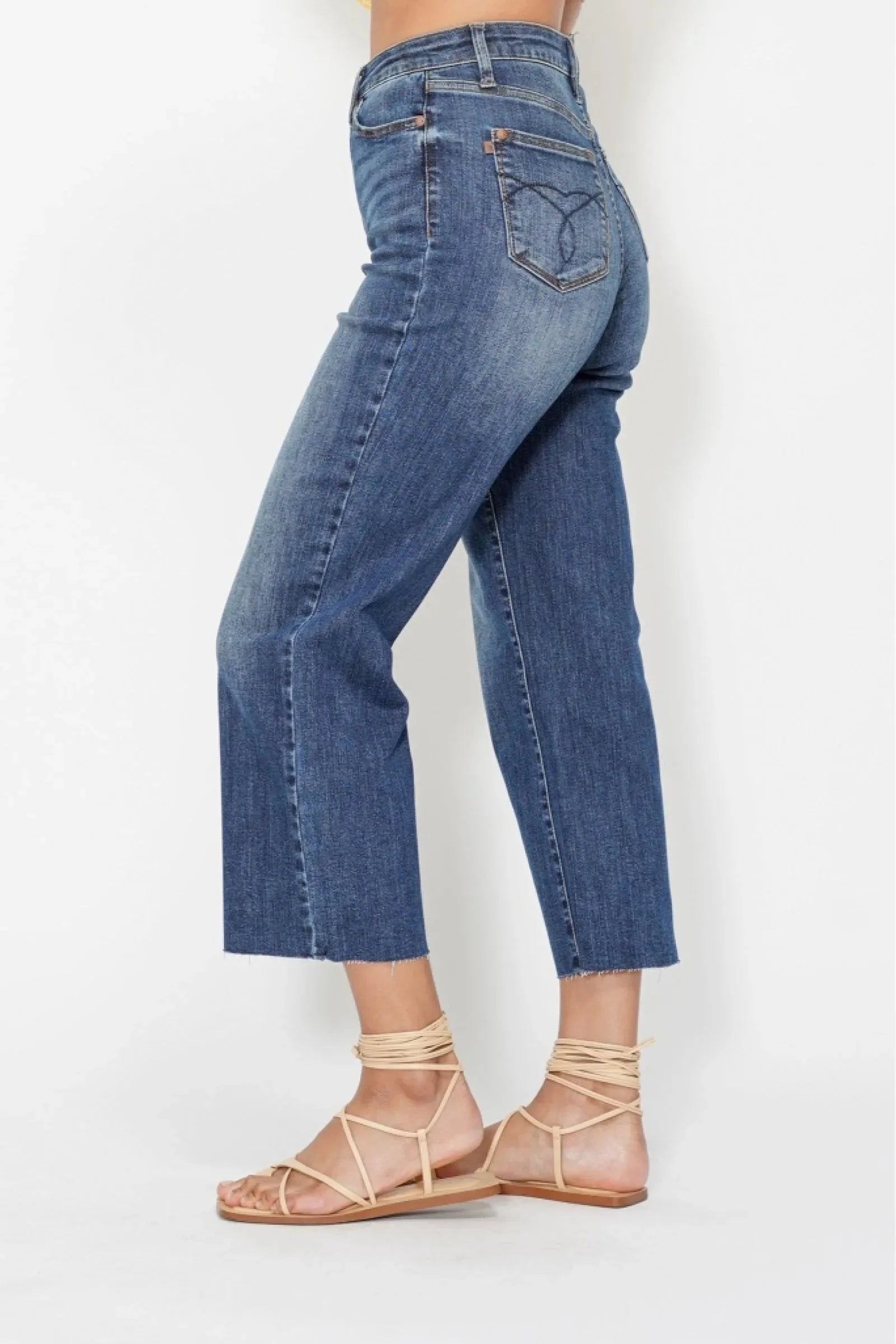 Judy Blue Jeans - High Waist Back Pocket Embroidery Crop Wide Jeans