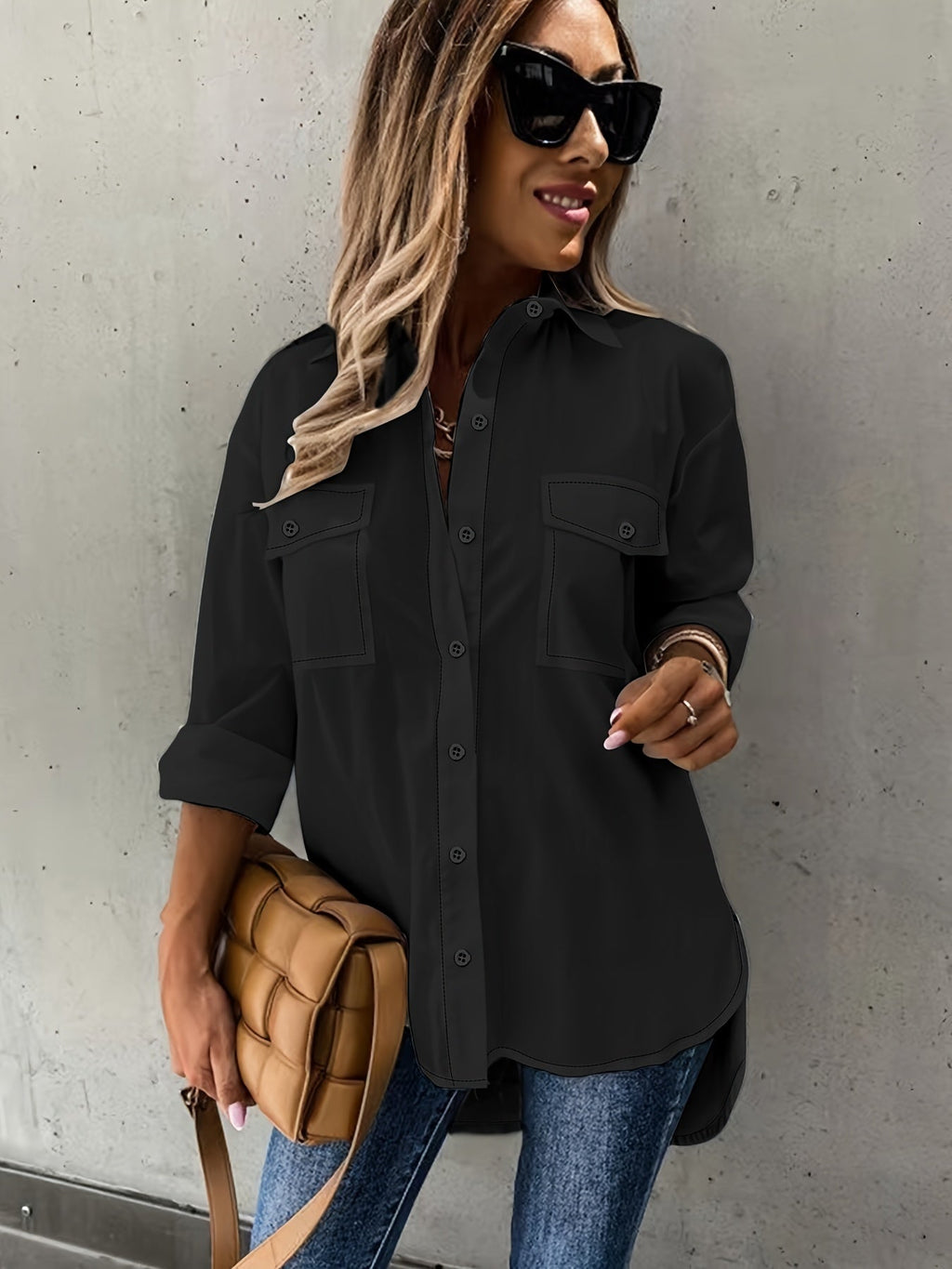 Simple Casual Long Sleeve Blouse with Pocket Women's Blouse