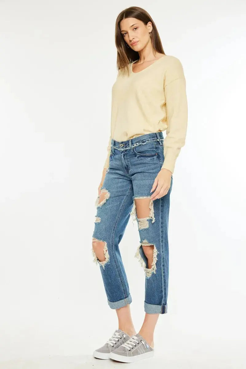 Distressed Mid Rise True Kancan Boyfriend Jeans