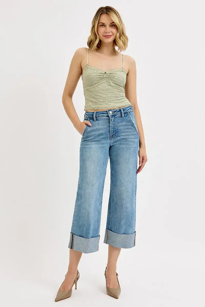 RISEN High Rise Ankle Wide Cuffed Jeans