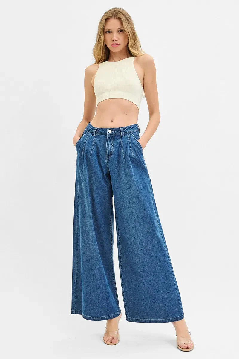 Mid Rise Wide Leg Knit Denim Palazzo RISEN Jeans