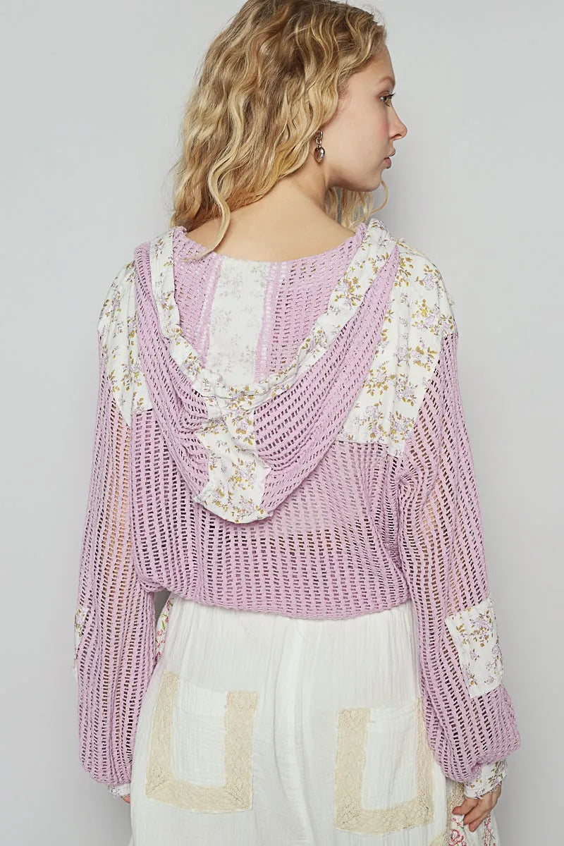 Vintage Washed Crochet Hoodie Jacket With Patchwork