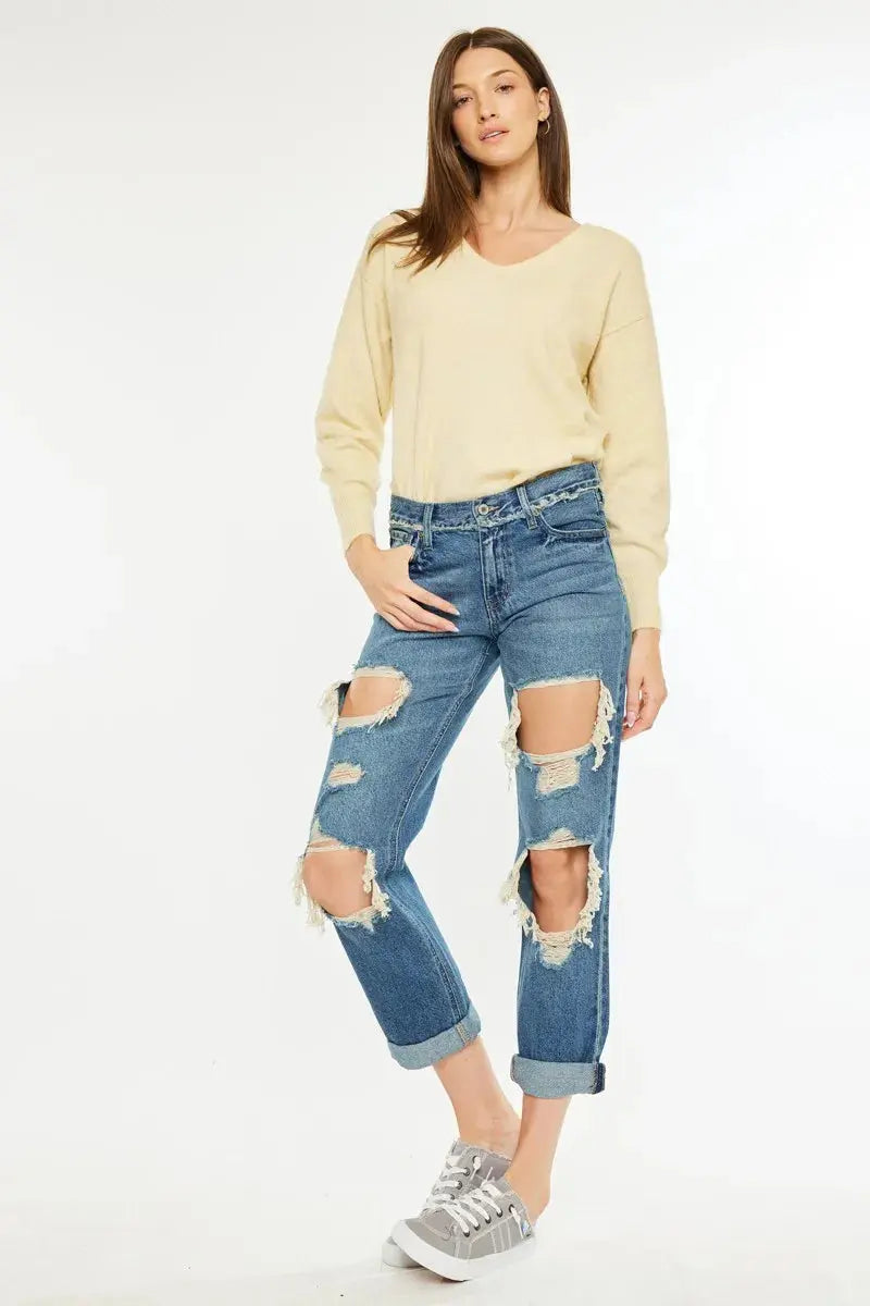 Distressed Mid Rise True Kancan Boyfriend Jeans