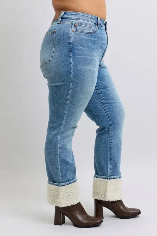 Plus Size High Waist Shearling Cuff Straight Leg Judy Blue Jeans