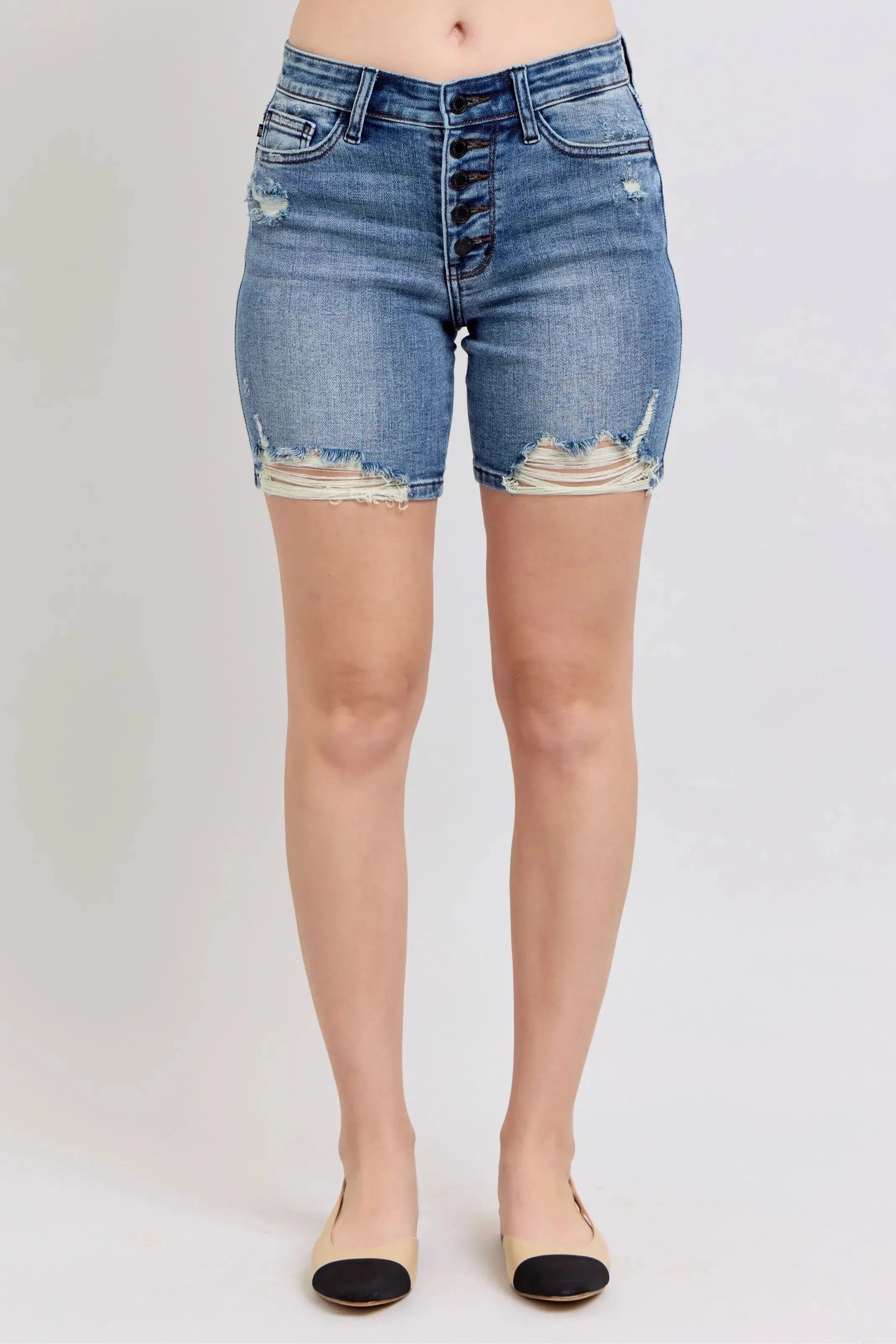 Judy Blue Jeans - Button Fly High-Rise Destroyed Hem Denim Shorts