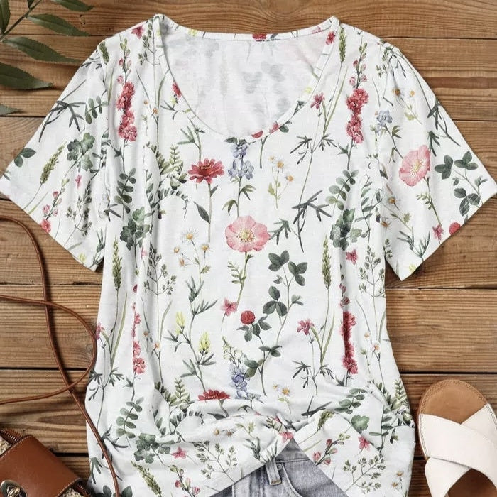 Floral V-neck Women's T-shirt Short Sleeved Casual Vacation Pullover Top