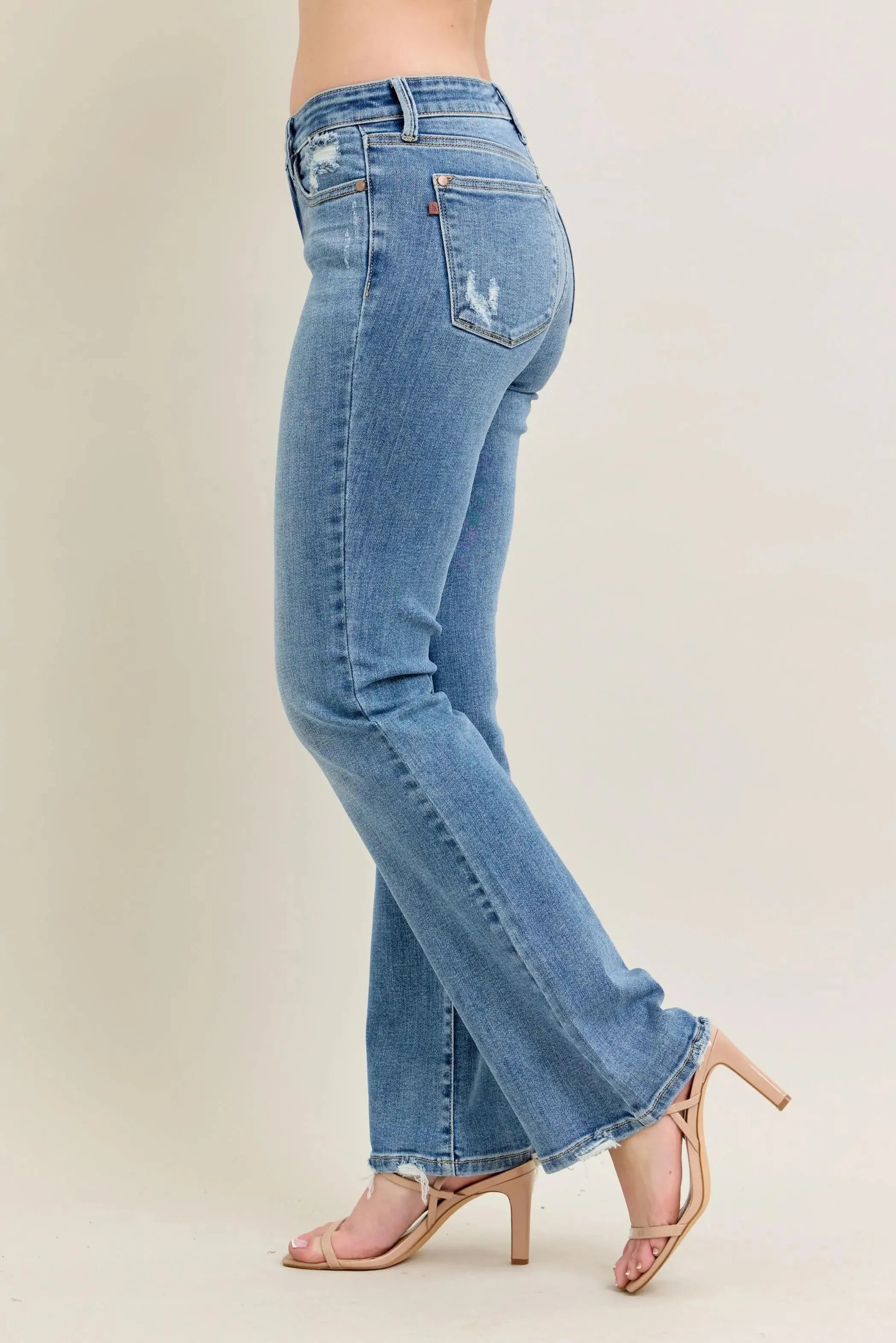 Full Size Mid Rise Wash Destroy Hem Bootcut Judy Blue Jeans