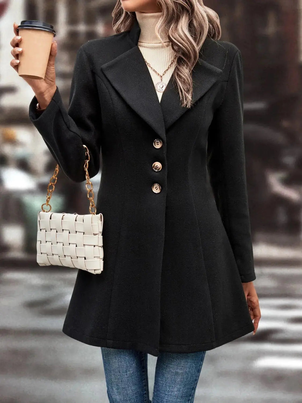 Collared Neck Long Sleeve Womens Longline Coat