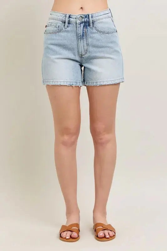 Judy Blue Jeans - Plus Size Frayed Hem High Rise Denim Shorts with Pockets