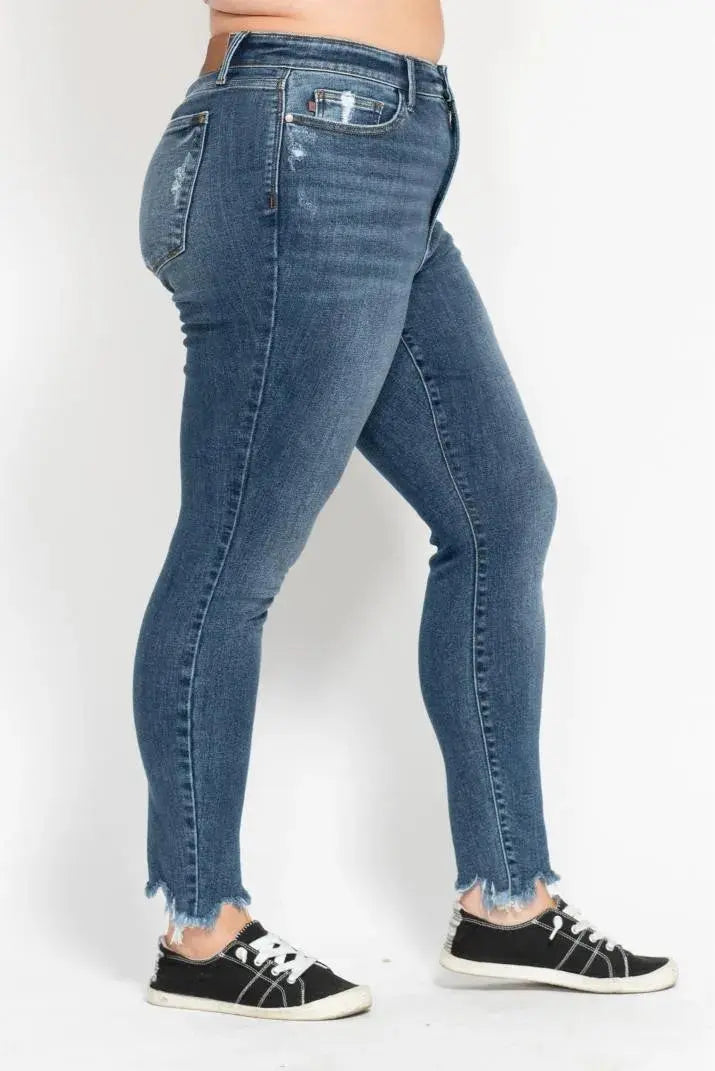 Plus Size High Waist Skinny Judy Blue Jeans with Destroy & Shark Bit Hem