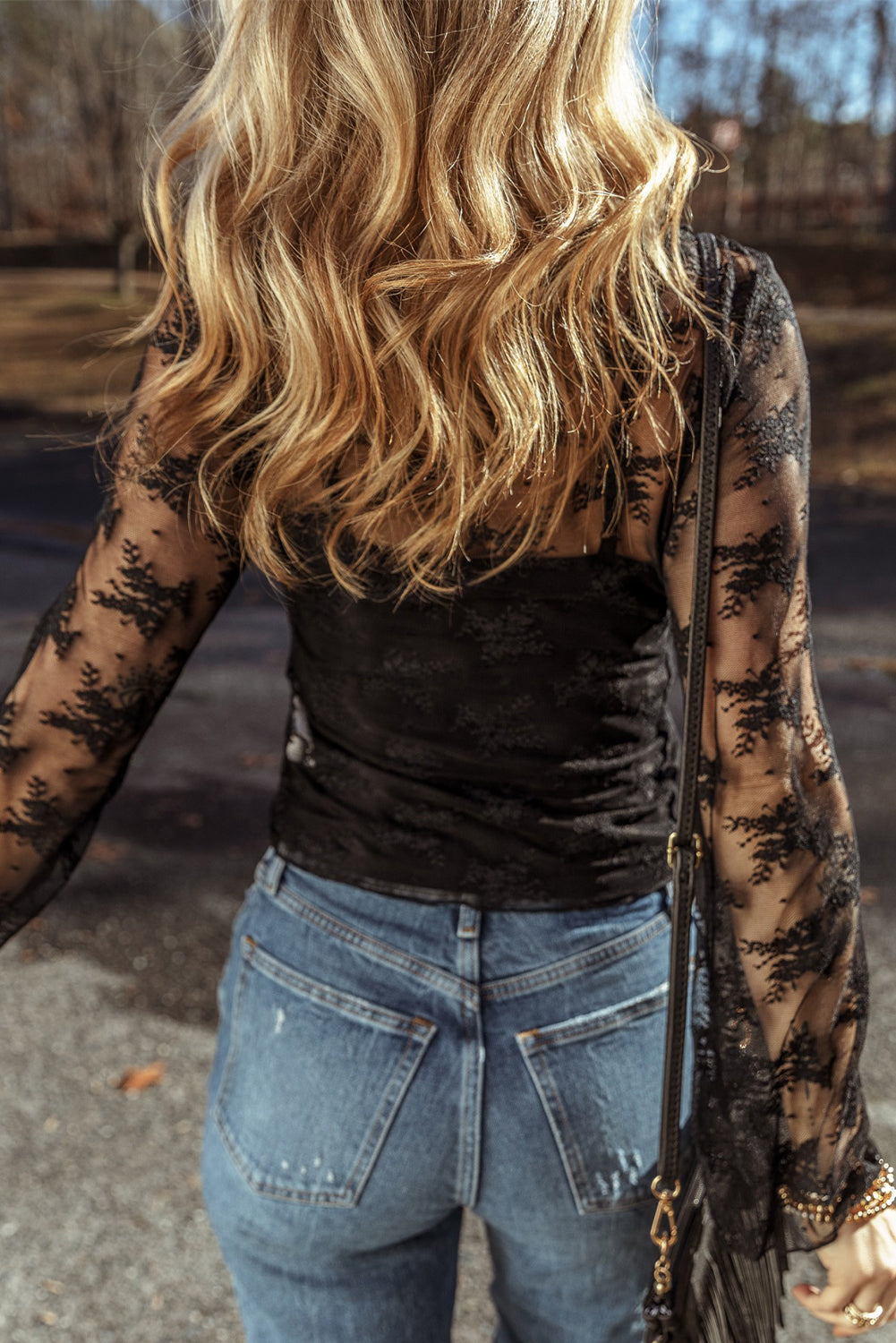 Lace Mesh Crochet Long Sleeve Blouse