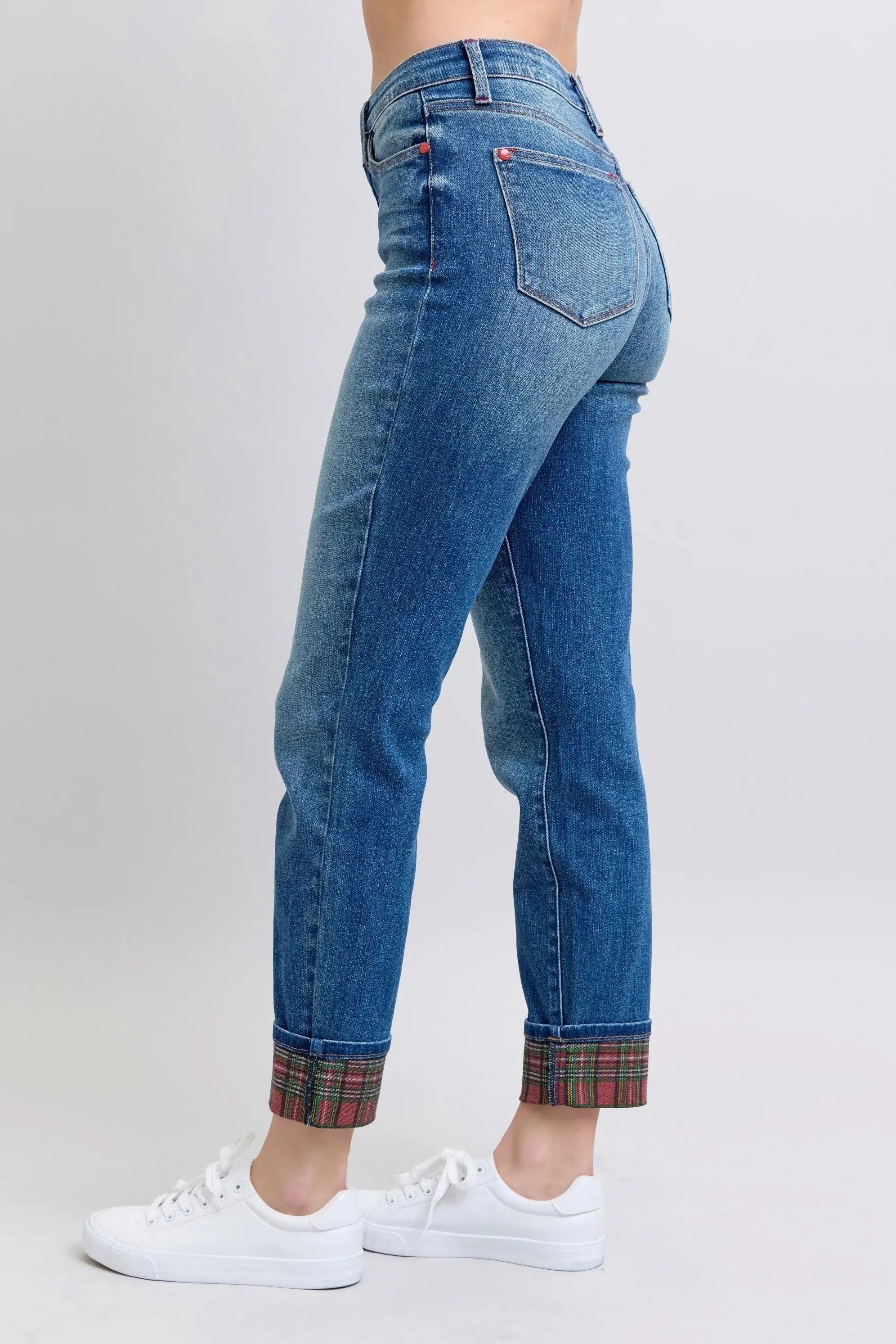 Plaid Cuff Boyfriend Judy Blue Jeans – Mid Rise Straight Leg