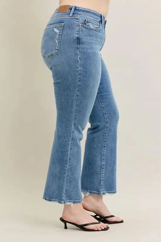 Full Size Mid Rise Wash Destroy Hem Bootcut Judy Blue Jeans