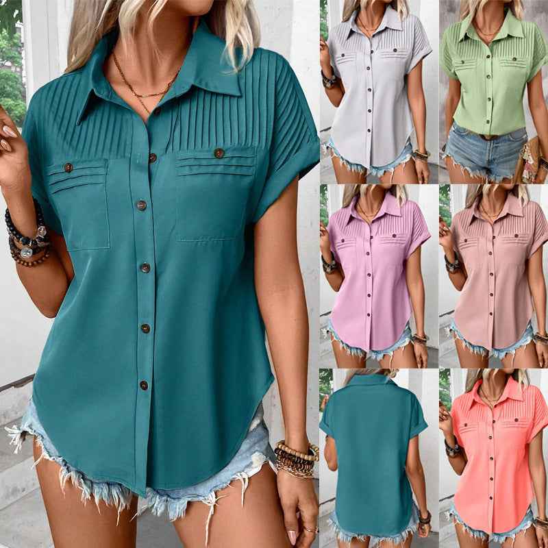 Lapel Shoulder Women's Pleated Pocket Shirt - Short Sleeve Women's Top